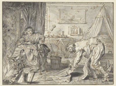 Uomo che pulisce il pavimento mentre sua moglie è seduta accanto al camino da Adriaen Pietersz van de Venne