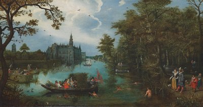 Paesaggio estivo con festa in barca e bagnanti da Adriaen Pietersz. van de Venne