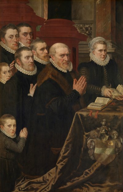 Calvario e la famiglia di Gillis de Smidt e Maria de Deckere da Adriaen Thomasz Key