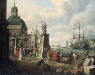 Un capriccio di un porto mediterraneo con mercanti, una coppia elegante sul molo, davanti a una statua della Speranza e una chiesa barocca, un faro, una nave da guerra olandese e altre navi oltre, 1700 da Adriaen Verdoel