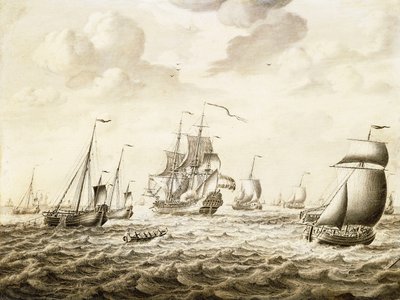 Una nave da guerra olandese che spara un saluto - un Penschilderij da Adriaen van Salm