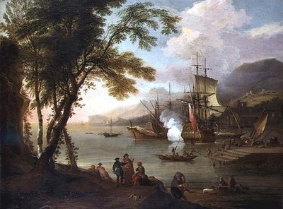 Un capriccio di un porto mediterraneo con navi, mercanti e scaricatori da Adriaen van Diest