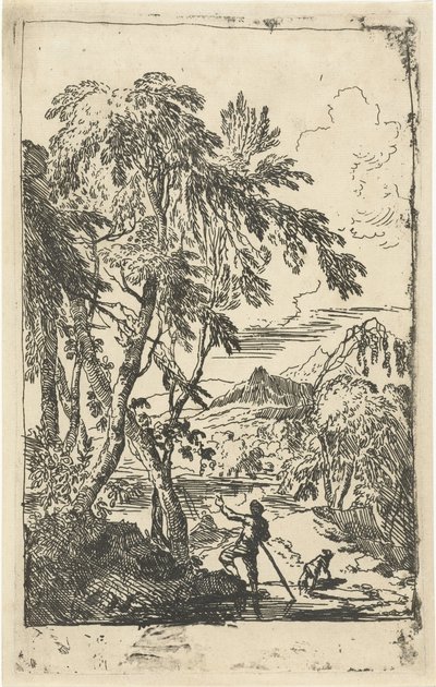 Paesaggio montuoso con alberi e uomo con cane da Adriaen van Diest