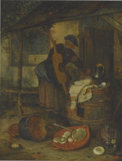 Una cameriera vicino a una porta con una botte e verdure da Adriaen Jansz. van Ostade