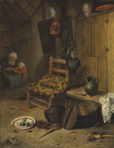 Interno di cucina con madre e figlio
lo stemma della famiglia Van Doerne sul cuscino intrecciato da Adriaen van Ostade