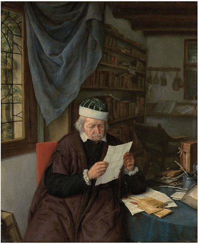 Un avvocato seduto a un tavolo che legge una lettera da Adriaen van Ostade