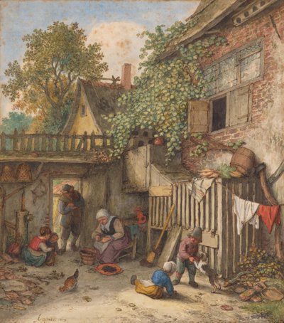 Cortile con una donna che pulisce le cozze da Adriaen van Ostade