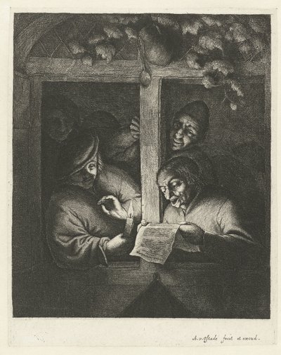 Tre uomini cantano da un foglio di carta alla luce di una candela in una finestra aperta (De rederijkers) da Adriaen van Ostade