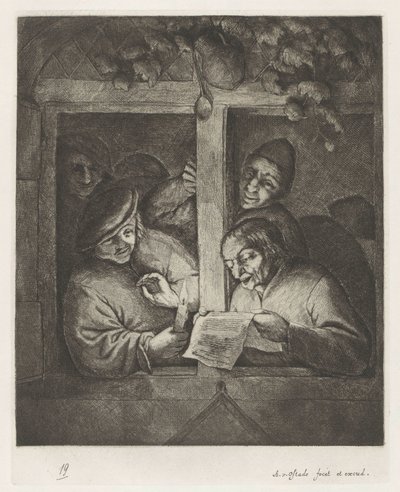 Tre uomini cantano da un foglio di carta alla luce di una candela alla finestra aperta da Adriaen van Ostade