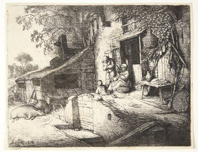 Donna che fila davanti a una casa di campagna da Adriaen van Ostade