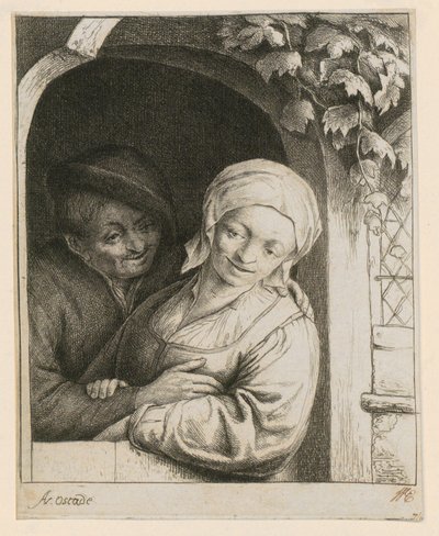 Tenerezza rurale - Coppia di contadini sulla soglia da Adriaen van Ostade