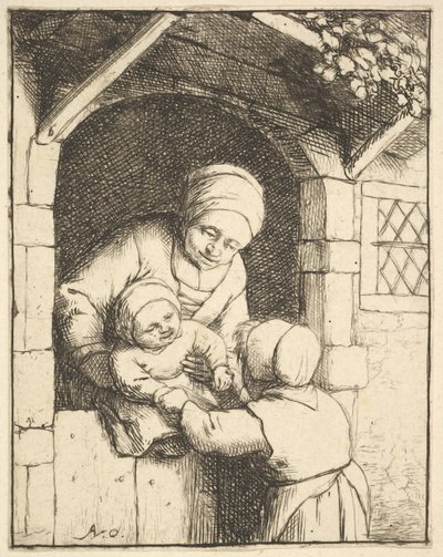 Bambina che gioca con un bambino tra le braccia della madre da Adriaen van Ostade