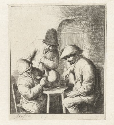 Uomo guarda in una brocca vuota, due uomini osservano da Adriaen van Ostade