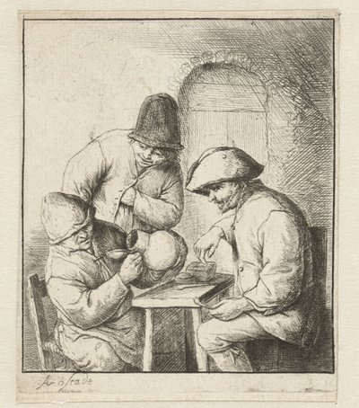 Uomo guarda in una brocca vuota, due uomini osservano da Adriaen van Ostade