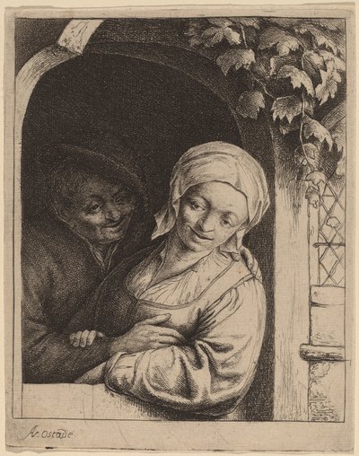 Coppia di contadini in una porta (Romanticismo di villaggio) da Adriaen van Ostade
