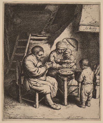 Famiglia contadina in preghiera prima del pasto da Adriaen van Ostade
