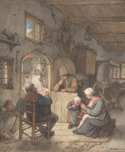 Lettura delle notizie al cottage dei tessitori, 1673 da Adriaen van Ostade