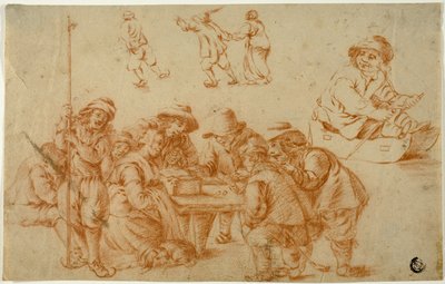 Schizzi di contadini che giocano a dadi e pattinano; Schizzo di ragazzo su slitta da Adriaen van Ostade