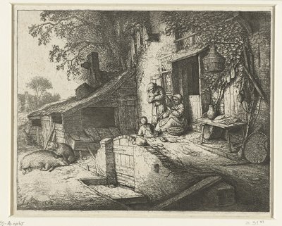 Donna che fila davanti a una casa da Adriaen van Ostade