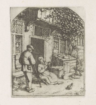 Filatrice sulla soglia di una casa da Adriaen van Ostade