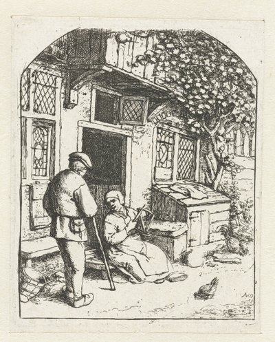 Filatrice seduta sulla soglia di una casa in conversazione con un uomo da Adriaen van Ostade