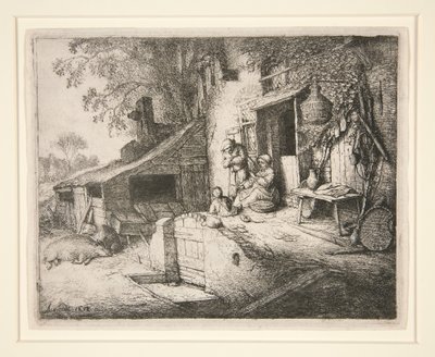 Donna che gira su se stessa davanti alla porta di un cottage da Adriaen van Ostade