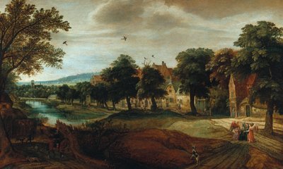Paesaggio fluviale boscoso con edifici del villaggio e Abramo e i tre angeli da Adriaen van Stalbemt