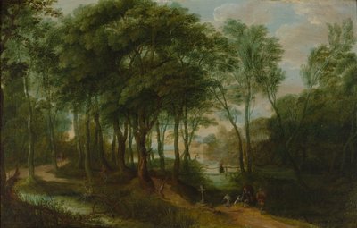 Camminatori in un sottobosco, architettura sullo sfondo da Adriaen van Stalbemt