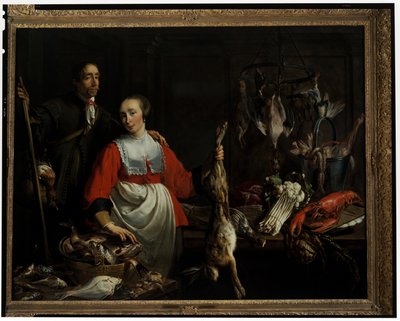 Un guardiacaccia con un fucile da caccia e una domestica che tiene in mano una lepre morta in una dispensa da Adriaen van Utrecht