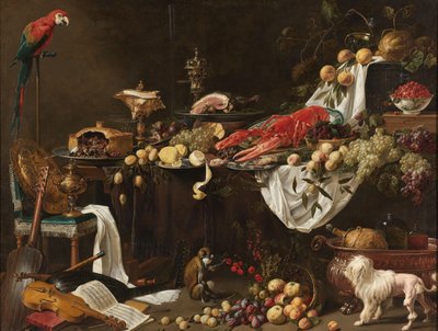 Natura morta con banchetto e pappagallo, cane e scimmia da Adriaen van Utrecht