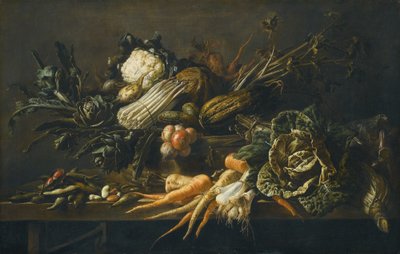 Natura morta di carciofi, asparagi, cavoli verdi, cipolle, fagioli, carote e altre verdure, il tutto su una panca di legno da Adriaen van Utrecht