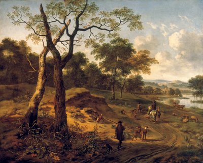 Paesaggio boschivo serale con un cacciatore e cani da Adriaen van de Velda