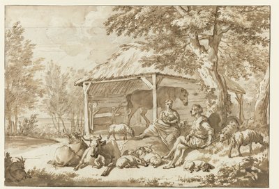 Coppia di pastori con bestiame vicino a una capanna da Adriaen van de Velde