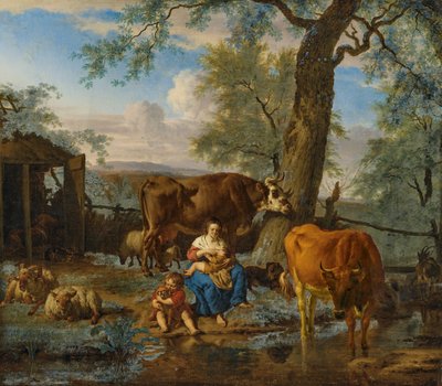 Bovino con donna che allatta e bambino che gioca con un cane da Adriaen van de Velde