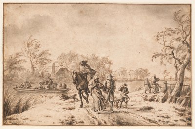 Paesaggio autunnale con viaggiatori e traghetto da Adriaen van de Velde