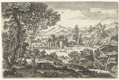 Paesaggio con tre persone sotto un albero da Adriaen van der Kabel