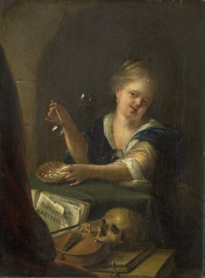 Ragazza che soffia bolle con una natura morta vanitas da Adriaen van der Werff (manner of)
