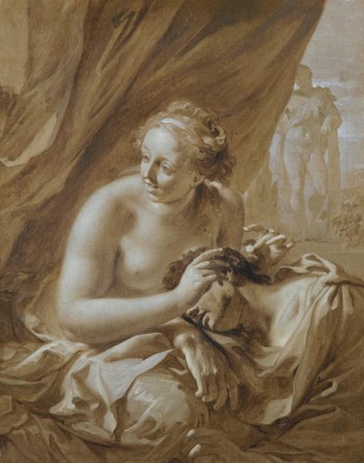 Mentre Sansone dorme in grembo a Dalila, lei fa cenno ai suoi nemici di avvicinarsi e di tagliargli i capelli (Giudici 16:19). da Adriaen van der Werff