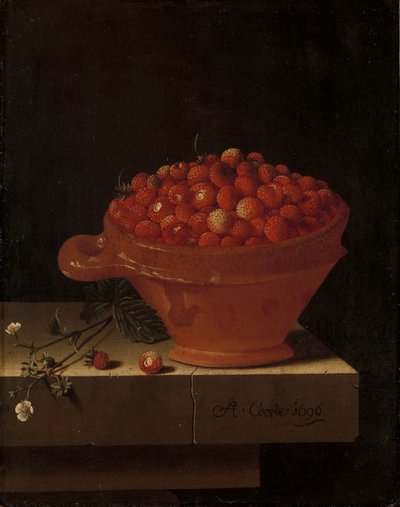 Una ciotola di fragole su un piedistallo di pietra, 1696 da Adrian Coorte