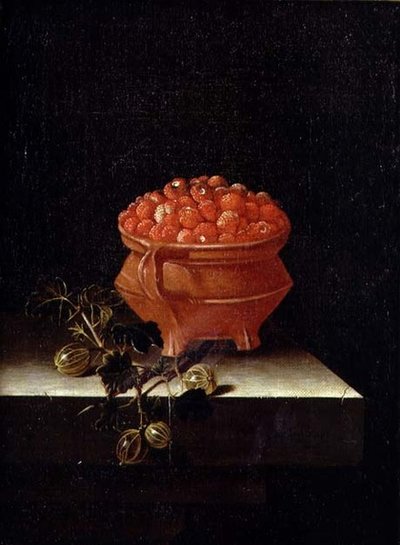 Fragole e uva spina su un ripiano di pietra da Adrian Coorte