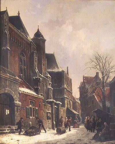 Scena di strada olandese con figure vicino a una chiesa da Adrianus Eversen