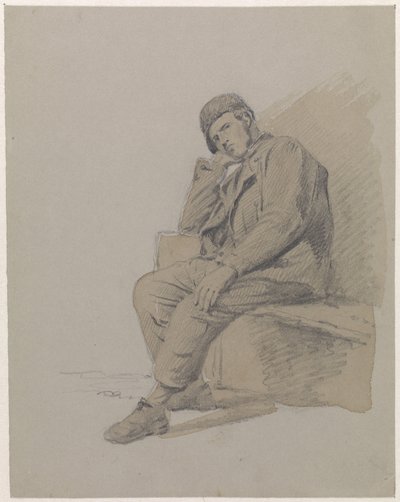 Studio di figura di un uomo seduto con un berretto da Adrianus Eversen