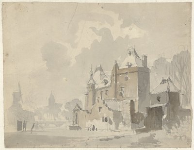 Veduta di un castello immaginario vicino a una città da Adrianus Eversen