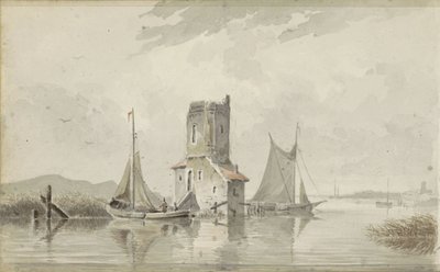 Paesaggio fluviale con una torre da Adrianus Eversen