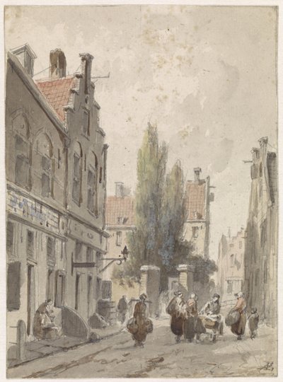 Veduta di città con un mercante ambulante da Adrianus Eversen