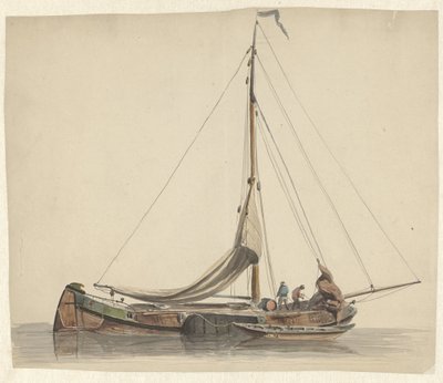 Due uomini che lavorano su una barca piatta con vele abbassate da Adrianus Eversen