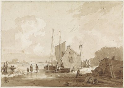 Veduta invernale con figure vicino a barche presso una rimessa per barche da Adrianus Eversen