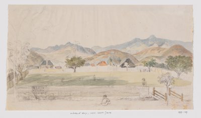 Paesaggio e vista su case e piazza del villaggio, West-Java da Adrianus Johannes Bik
