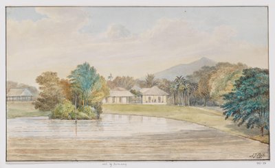 Paesaggio con casa e stagno, West Java da Adrianus Johannes Bik