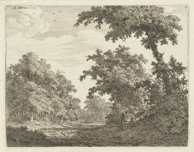 Viaggiatori riposanti lungo una strada nel bosco da Adrianus Serné